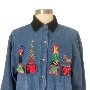 Vintage Embroidered Holiday Denim Jeans‎ Shirt Large